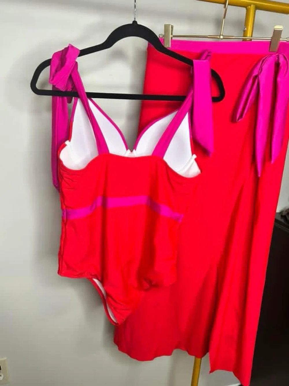 NEW Red & Fuchsia One-Piece Swimsuit with Bow Straps